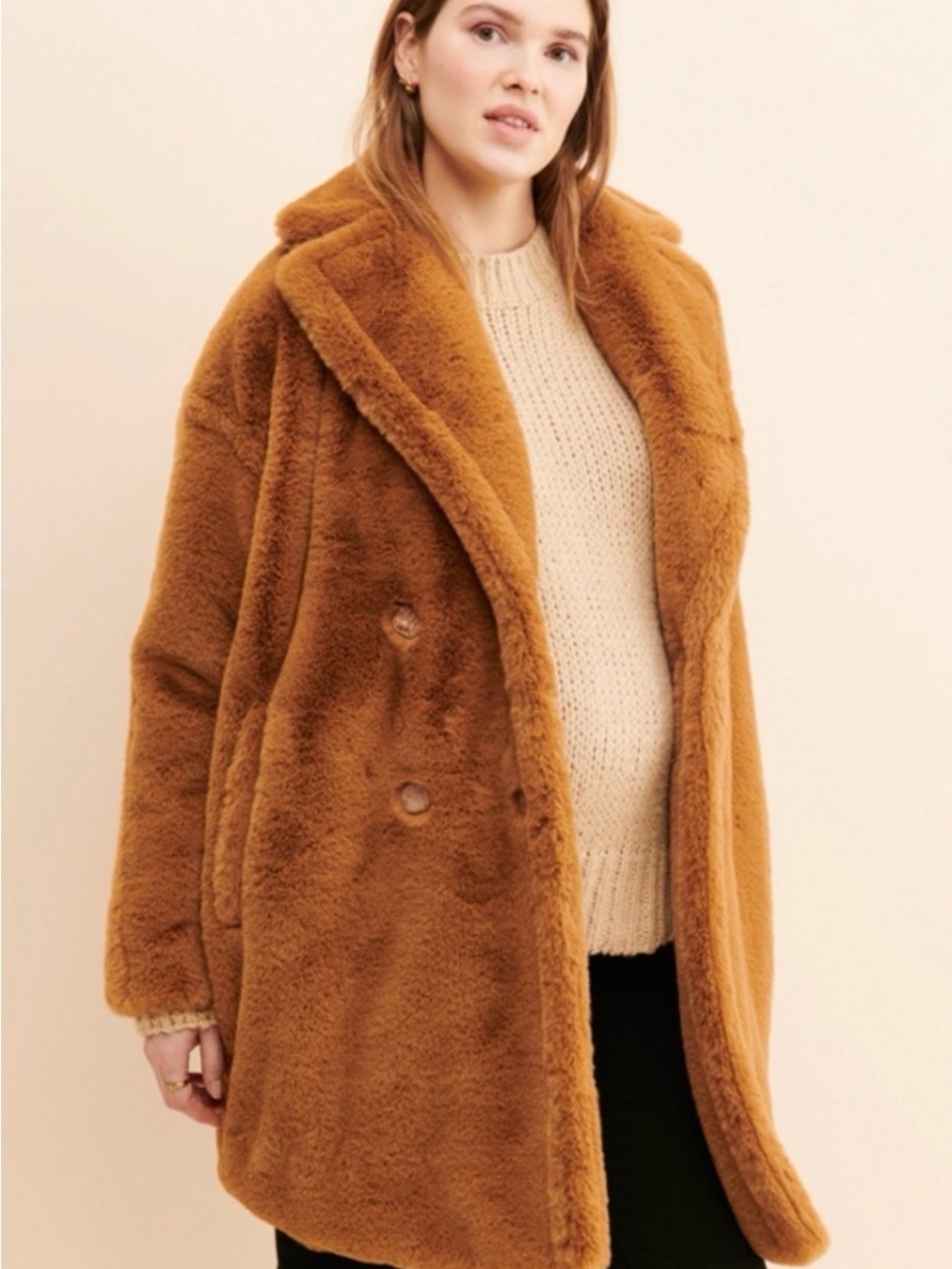 Emilia George Annabette Woman’s Camel Brown Faux Fur Teddy Coat Maternity XL